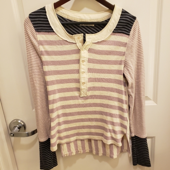 Free People Women's Size S Lavender Give Me Stripes Henley Top *flaw* Holes - Picture 2 of 7